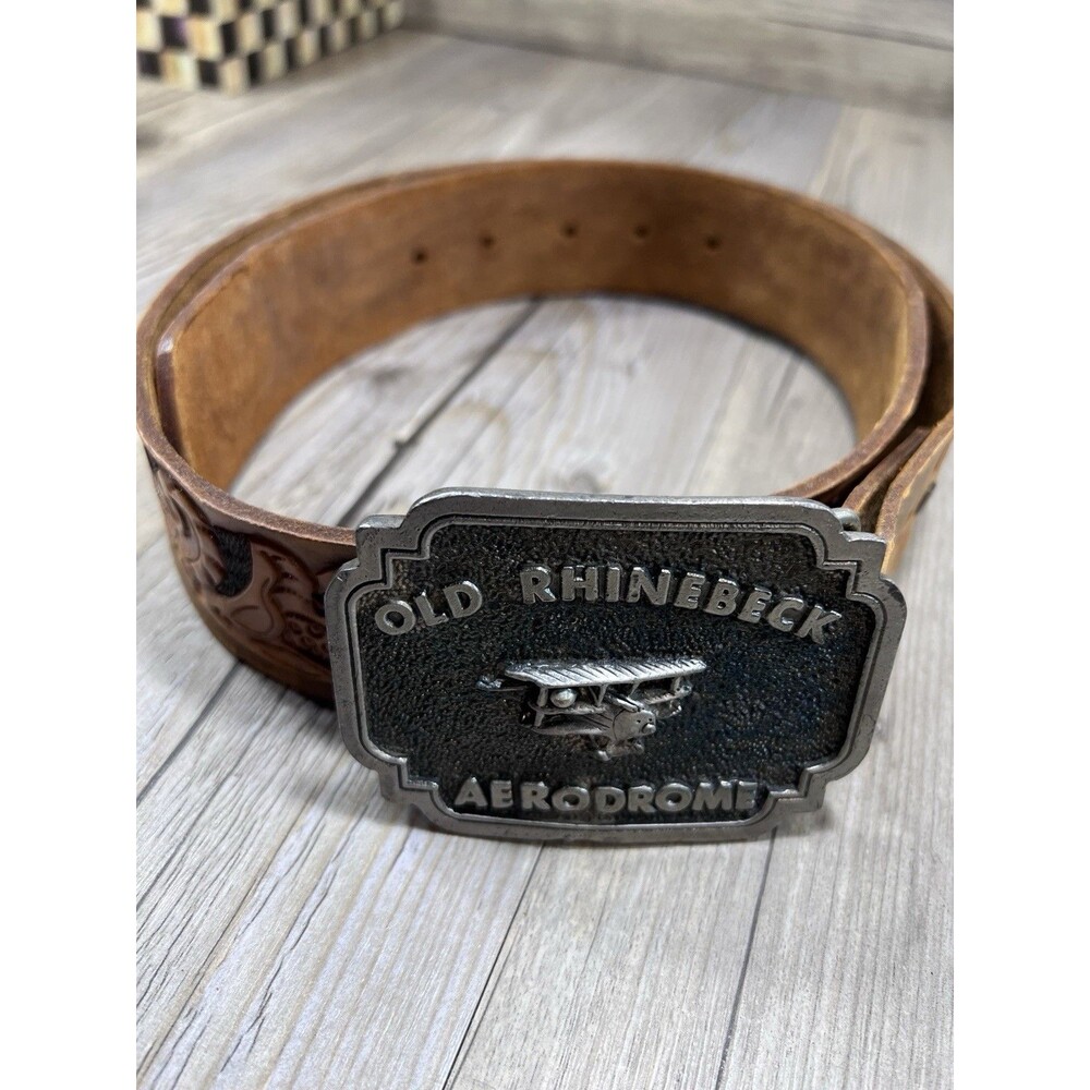 OLD RHINEBECK AERODROME Aviation Airplane Vintage Belt Buckle TOOLED Belt